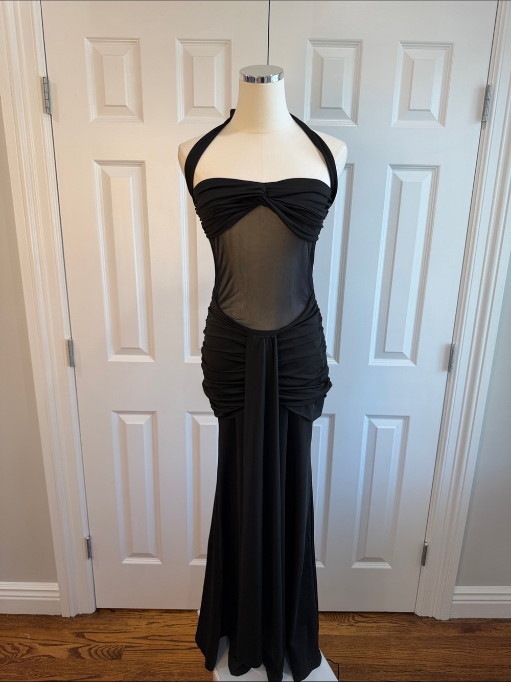 Babyboo Vixen Halter Rushed Mesh Maxi Dress Black Sheer Midsection Size S-M
